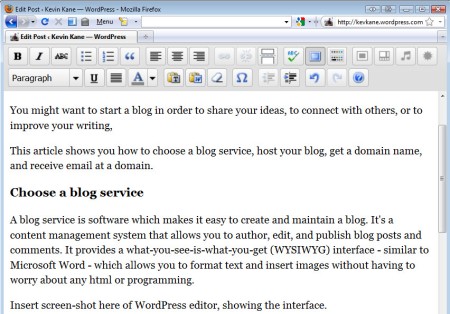 The WordPress interface for editing posts. If you can use Microsoft Word, you can use WordPress.